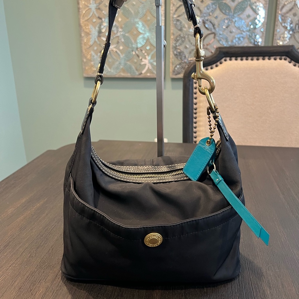 Y2K Coach Hampton Black Hobo Shoulder Bag with Teal Lining